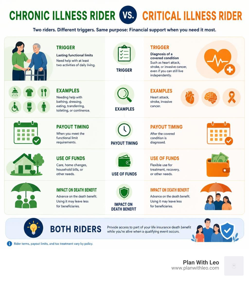 Chronic illness rider versus critical illness and long-term care rider infographic Chronic illness rider versus critical illness and long-term care rider infographic