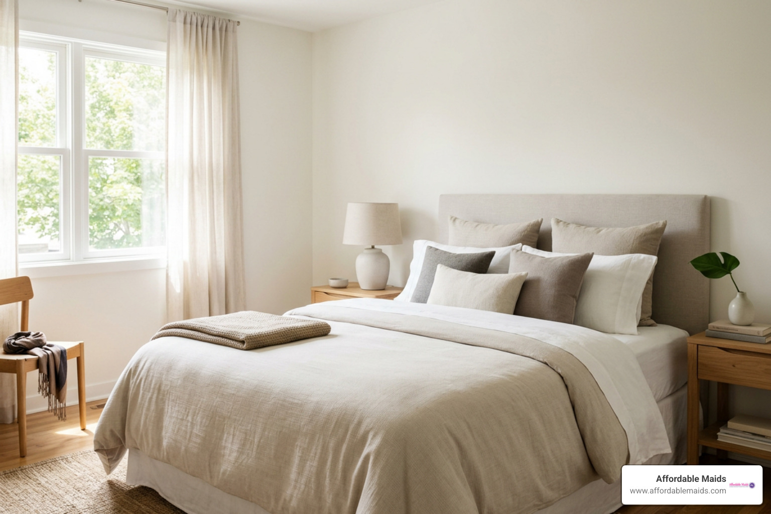 Decluttered bedroom with neutral bedding Decluttered bedroom with neutral bedding