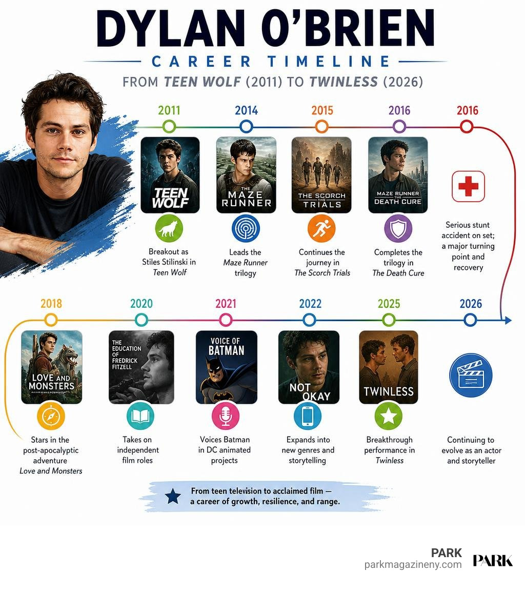 Dylan O'Brien career timeline from Teen Wolf in 2011 to Twinless and 2026 infographic Dylan O'Brien career timeline from Teen Wolf in 2011 to Twinless and 2026 infographic
