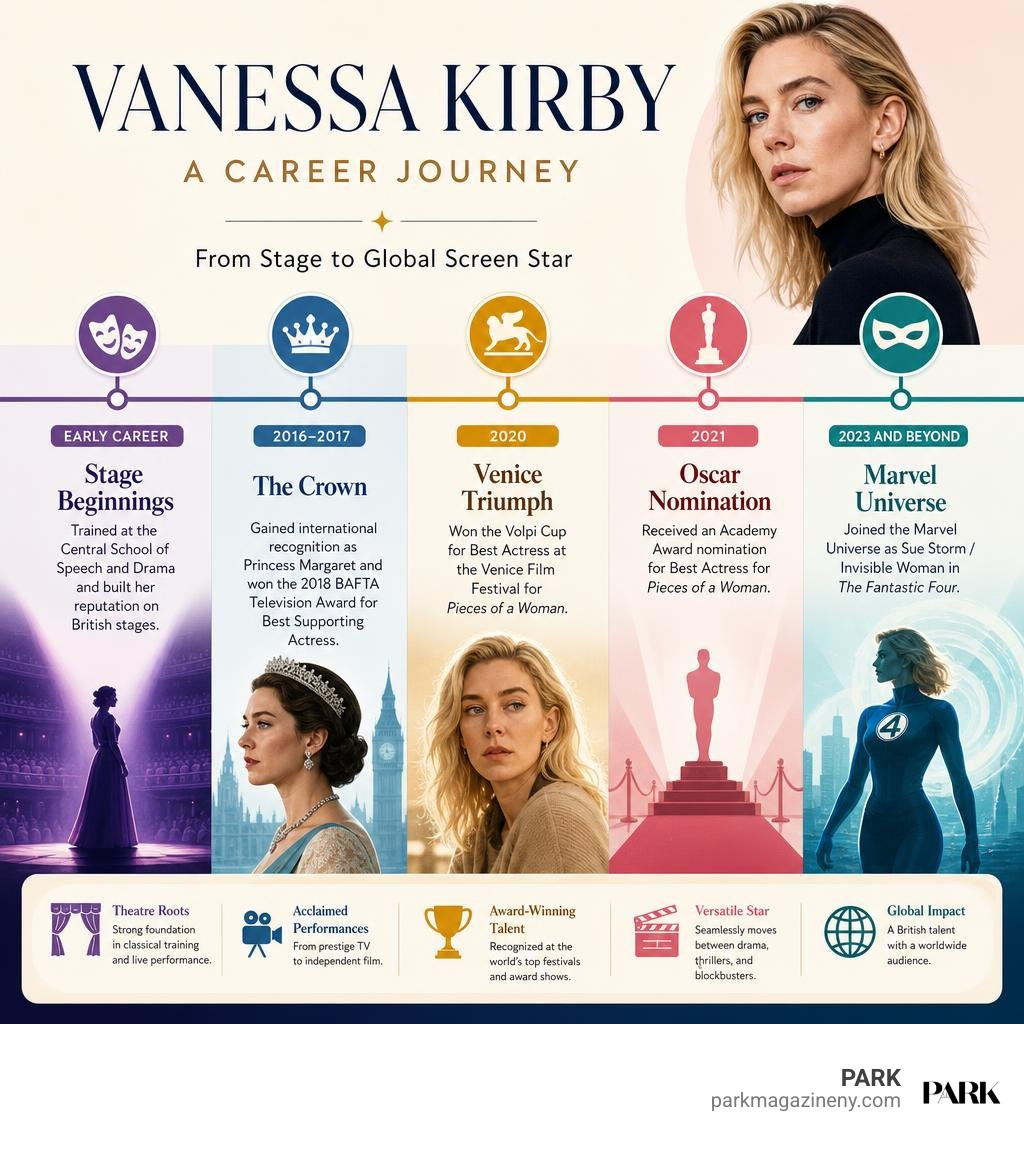 Vanessa Kirby career timeline from theatre to The Crown, Venice award, and Marvel infographic Vanessa Kirby career timeline from theatre to The Crown, Venice award, and Marvel infographic