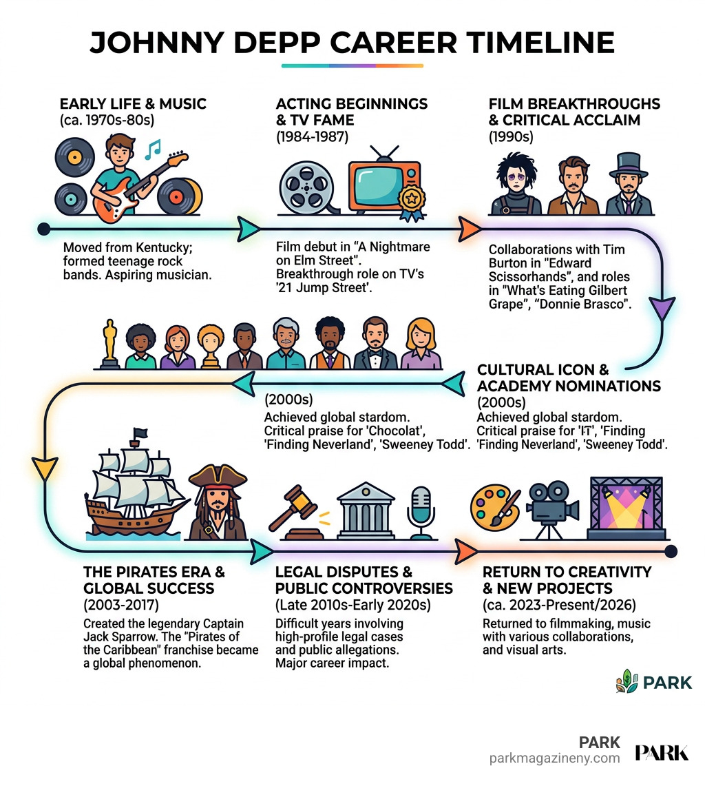 Johnny Depp career timeline: music, film breakthroughs, Pirates, legal cases, and new projects infographic