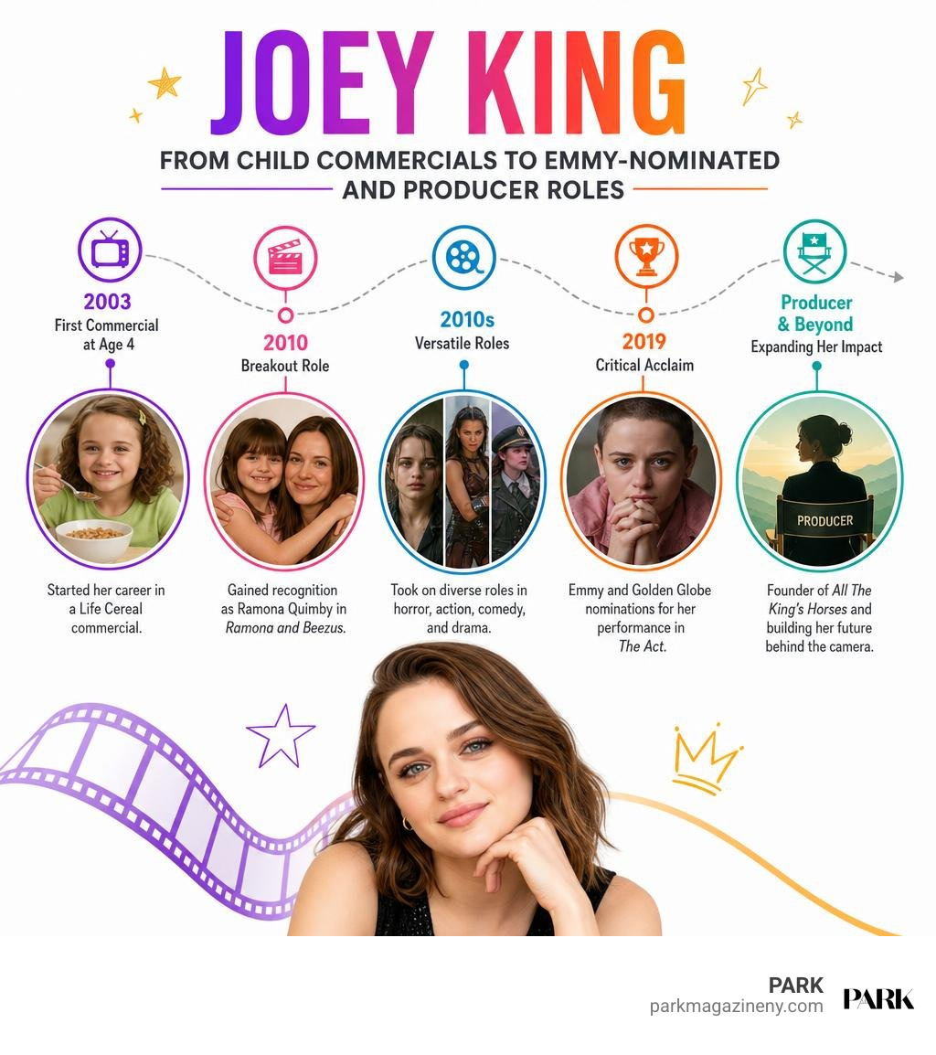 Joey King career milestones from child commercials to Emmy-nominated and producer roles infographic Joey King career milestones from child commercials to Emmy-nominated and producer roles infographic