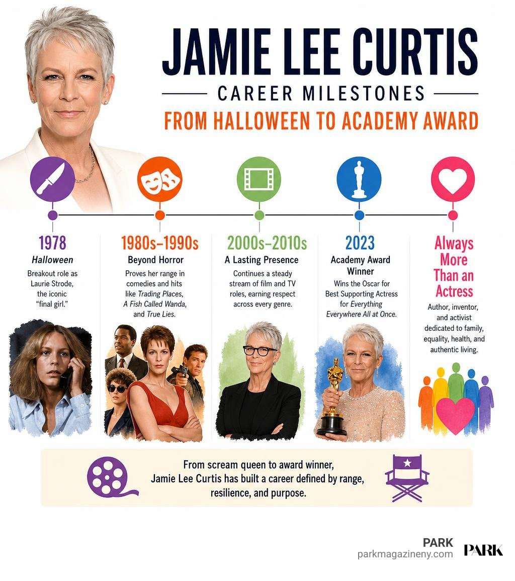 Jamie Lee Curtis career milestones from Halloween to Academy Award infographic Jamie Lee Curtis career milestones from Halloween to Academy Award infographic