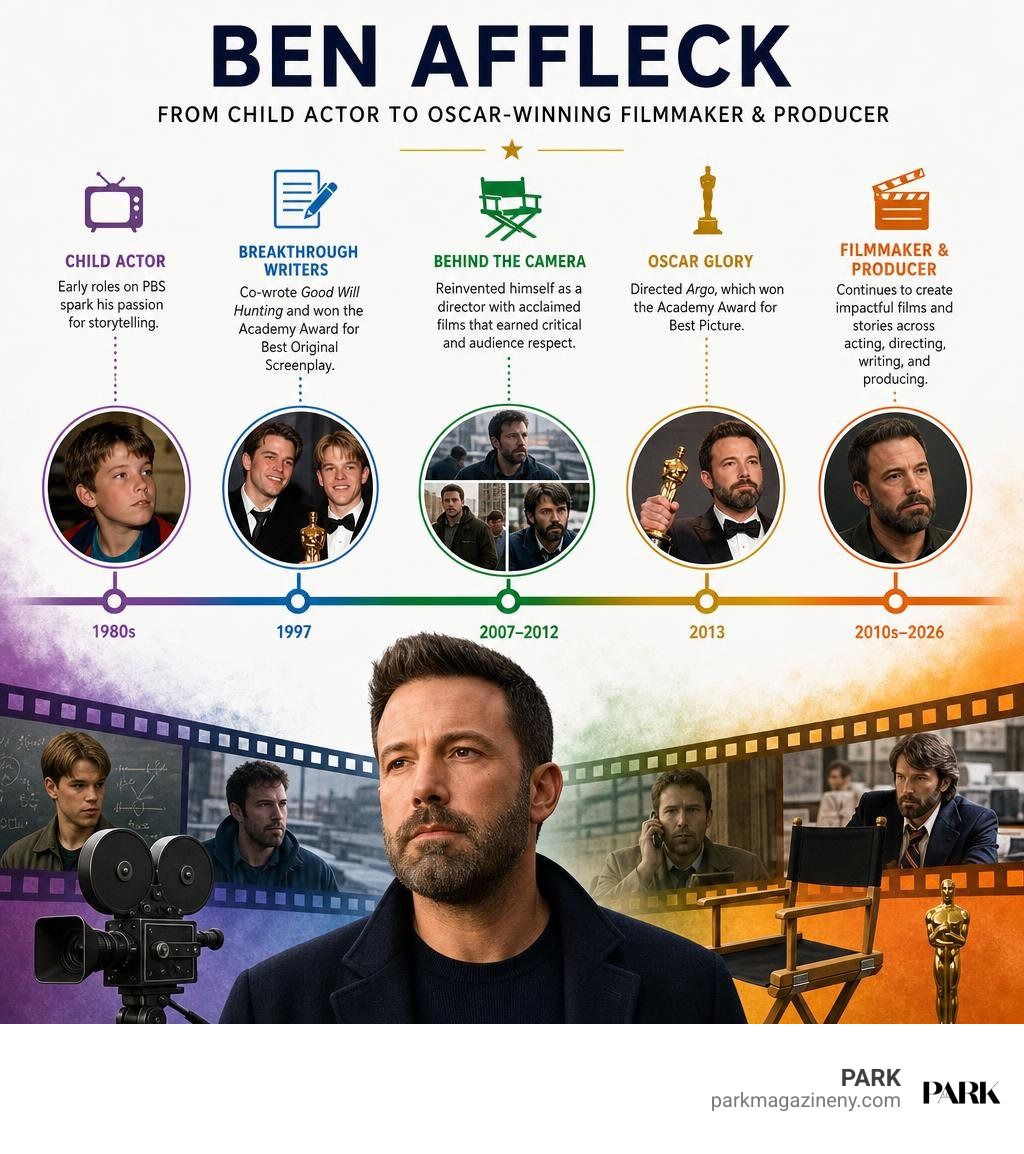 Ben Affleck career timeline from child actor to Oscar-winning filmmaker and producer infographic