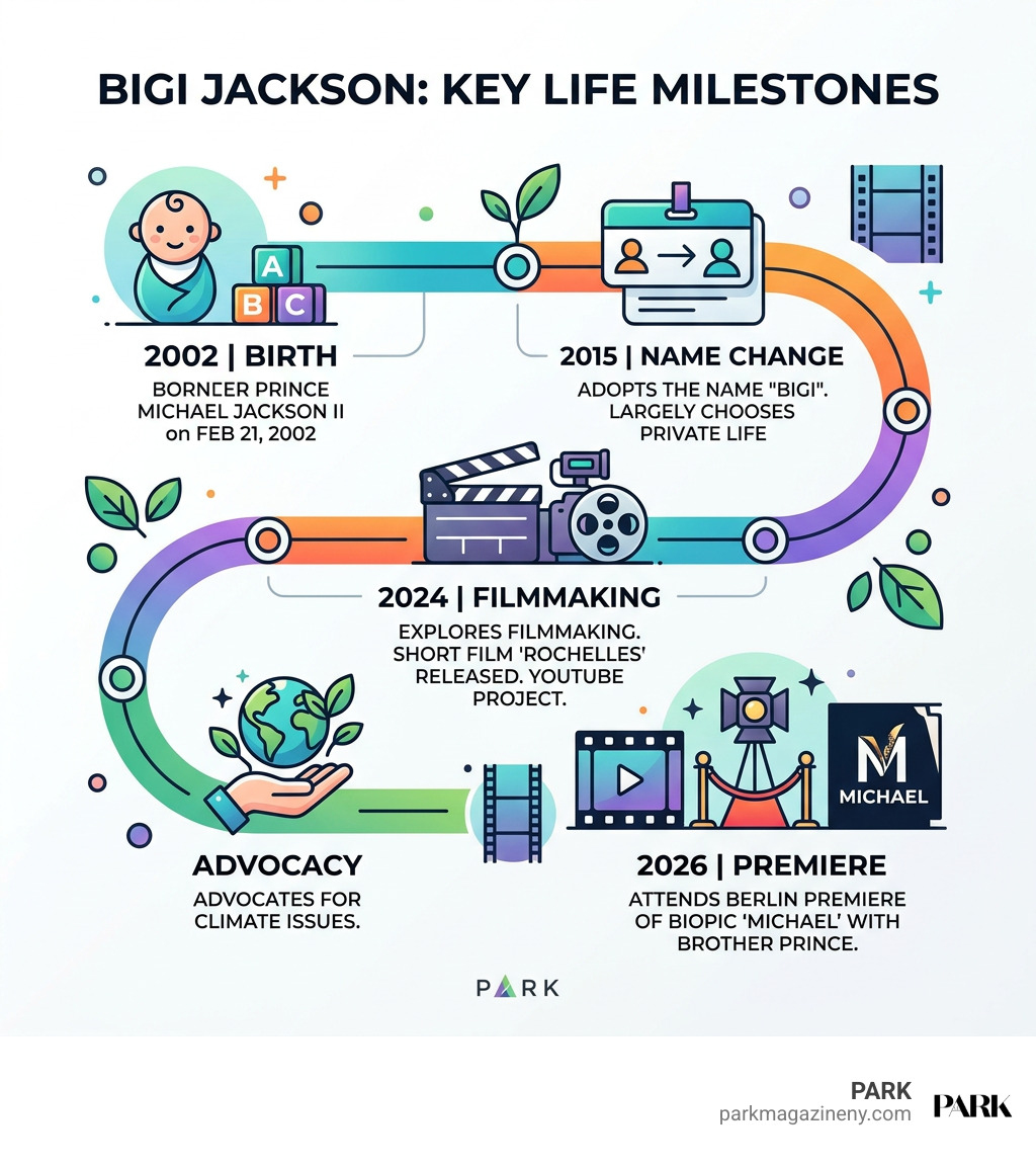 Bigi Jackson timeline: birth, name change, filmmaking, advocacy, and 2026 premiere infographic Bigi Jackson timeline: birth, name change, filmmaking, advocacy, and 2026 premiere infographic