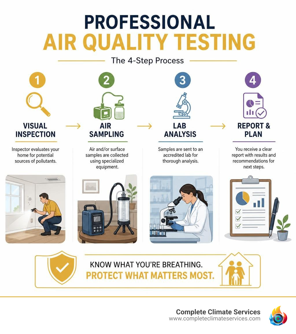 colorful infographic showing professional air quality testing steps from visual inspection and air sampling to lab analysis