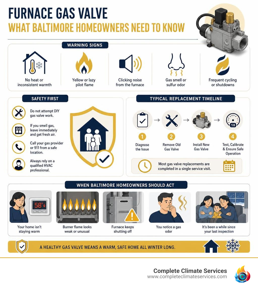 Detailed colorful infographic showing furnace gas valve warning signs, safety steps, replacement timeline, and when