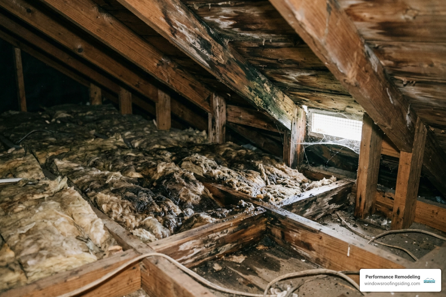 water damaged attic insulation and rotting wooden roof rafters water damaged attic insulation and rotting wooden roof rafters
