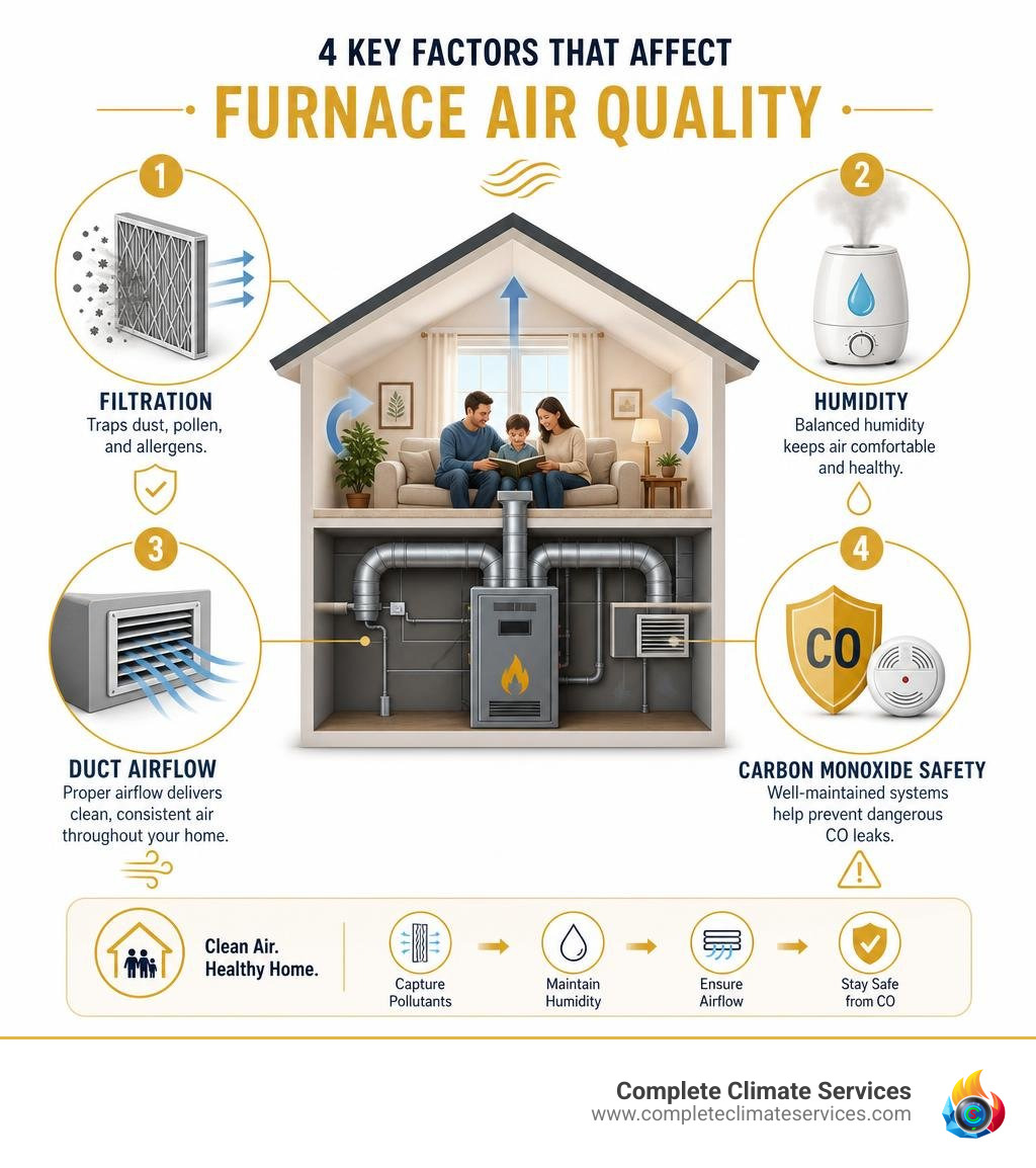 Colorful infographic showing how furnace air quality is affected by filtration, humidity, duct airflow, and carbon monoxide Colorful infographic showing how furnace air quality is affected by filtration, humidity, duct airflow, and carbon monoxide
