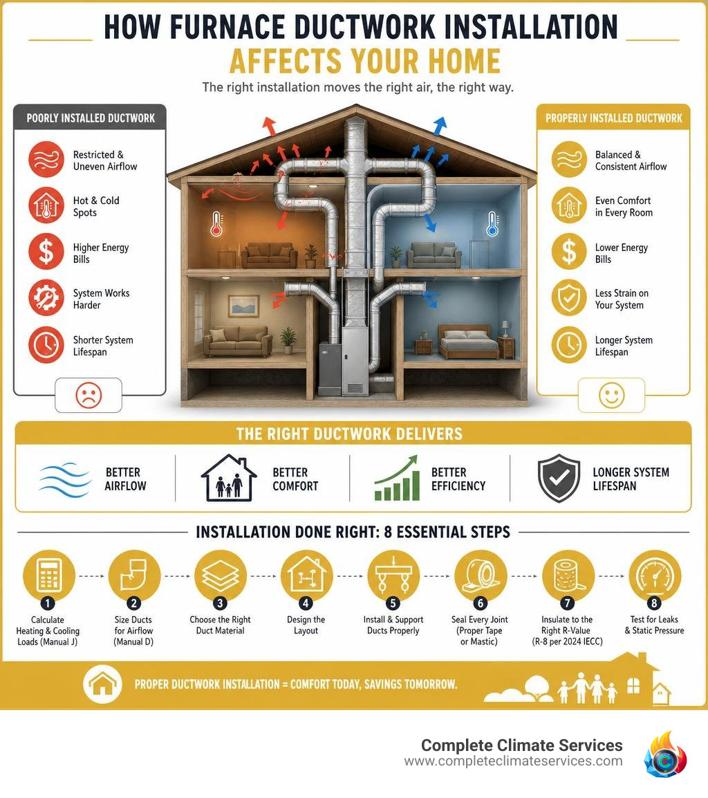 Detailed colorful infographic showing how furnace ductwork installation affects airflow, comfort, efficiency, and system Detailed colorful infographic showing how furnace ductwork installation affects airflow, comfort, efficiency, and system