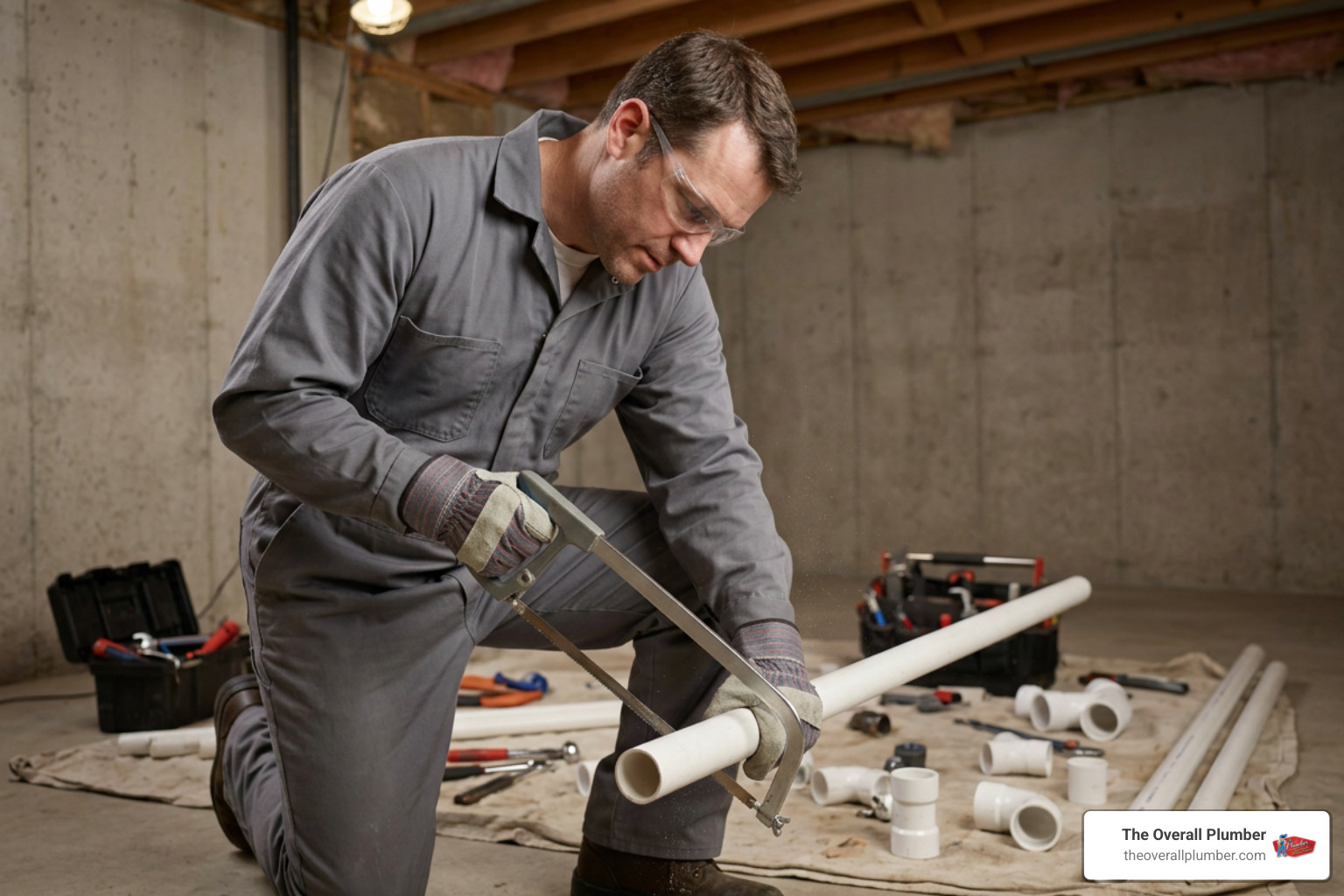 Plumber cutting replacement PVC pipe with a hacksaw Plumber cutting replacement PVC pipe with a hacksaw