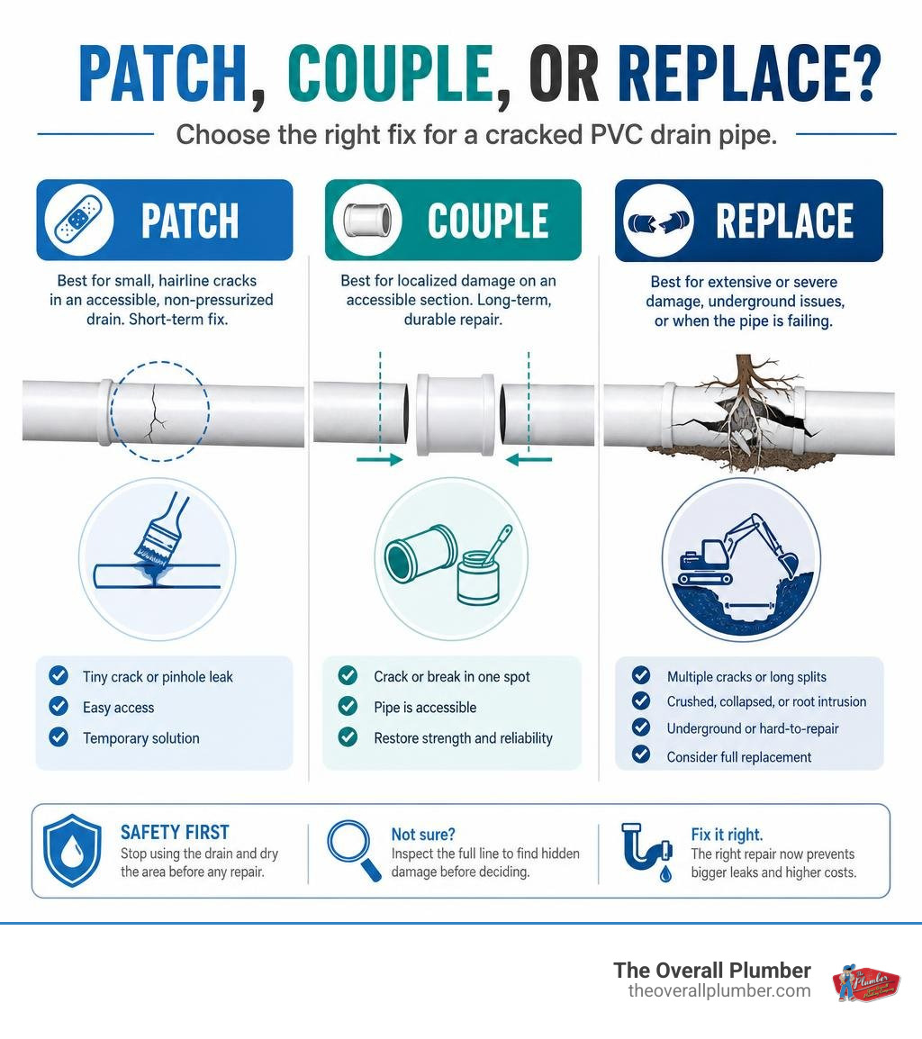 Infographic showing when to patch, couple, or replace cracked PVC drain pipe infographic Infographic showing when to patch, couple, or replace cracked PVC drain pipe infographic