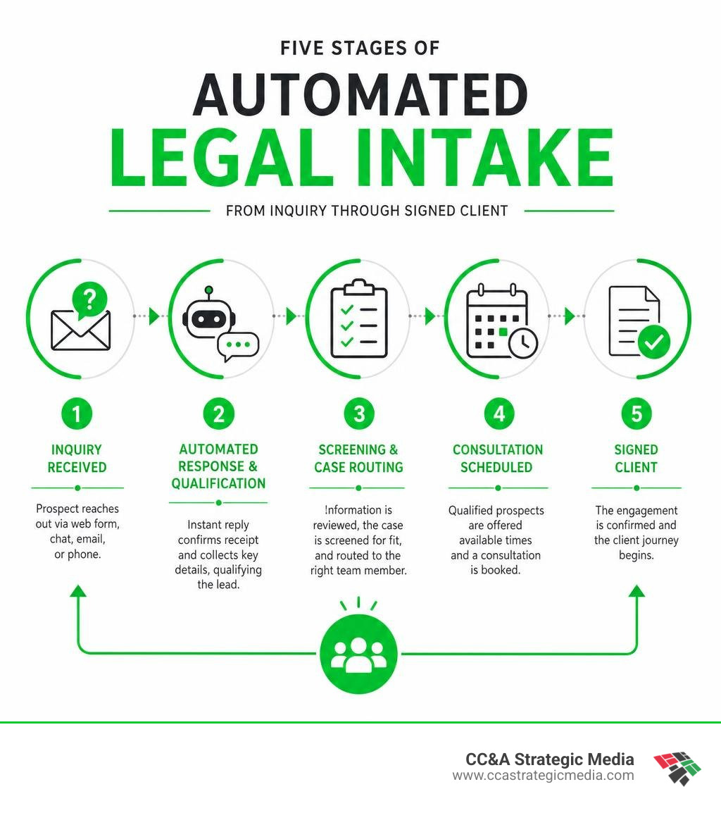 Five stages of automated legal intake from inquiry through signed client infographic Five stages of automated legal intake from inquiry through signed client infographic