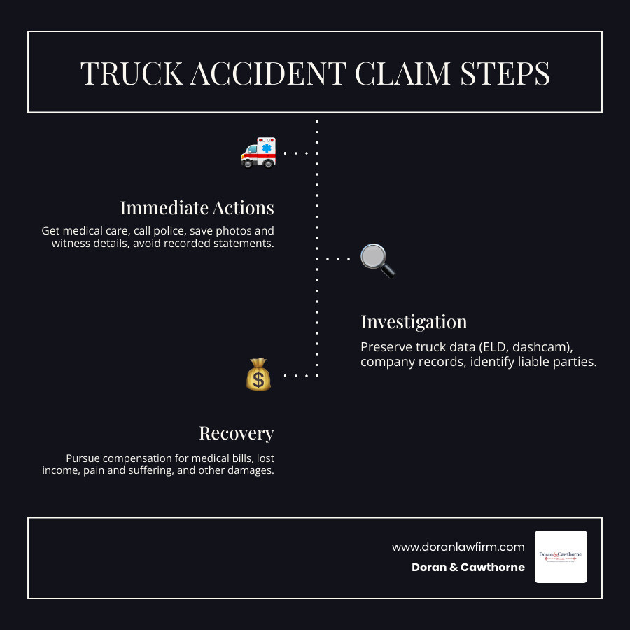Truck accident claim steps: medical care, evidence, investigation, negotiation, lawsuit infographic Truck accident claim steps: medical care, evidence, investigation, negotiation, lawsuit infographic
