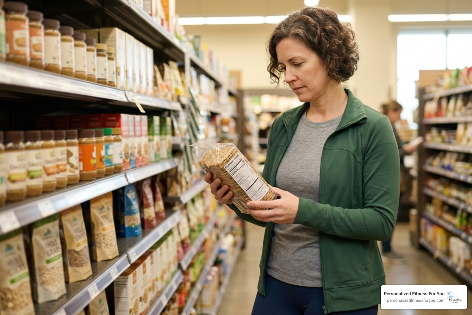 Woman thoughtfully reading an ingredient label in a grocery market aisle Woman thoughtfully reading an ingredient label in a grocery market aisle