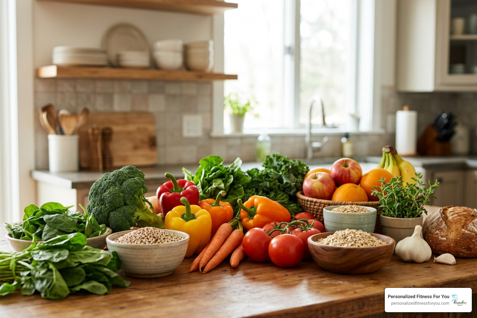 Fresh whole foods, vegetables, and grains organized on a kitchen counter Fresh whole foods, vegetables, and grains organized on a kitchen counter