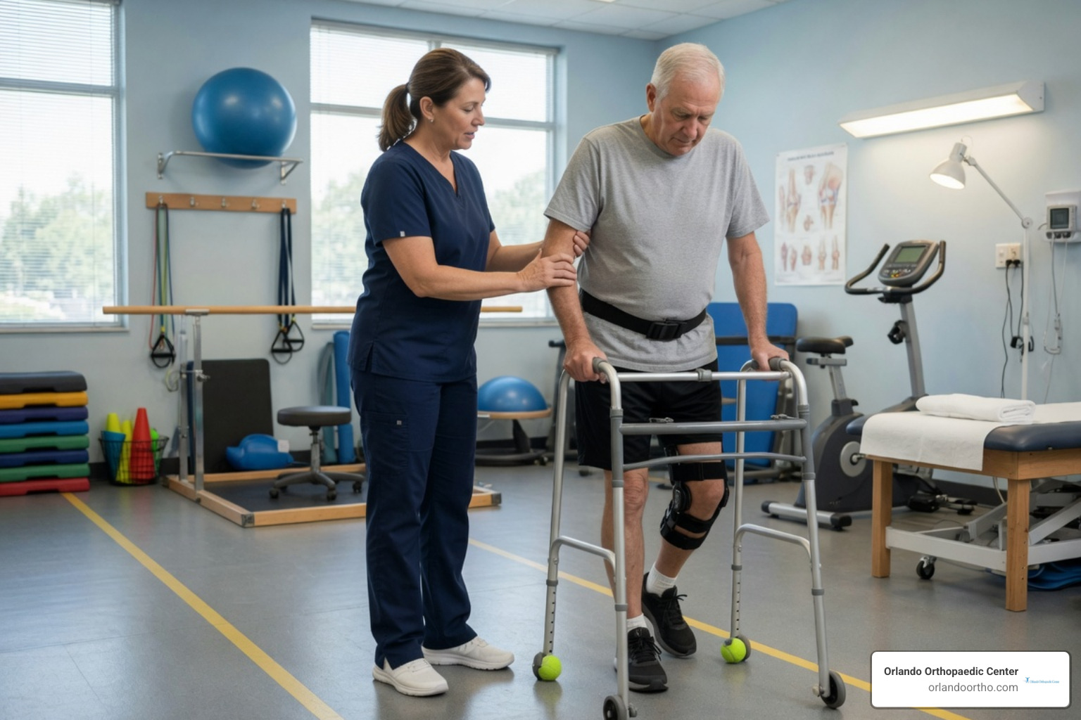 Physical therapy specialist guiding a patient through knee mobility and gait training Physical therapy specialist guiding a patient through knee mobility and gait training