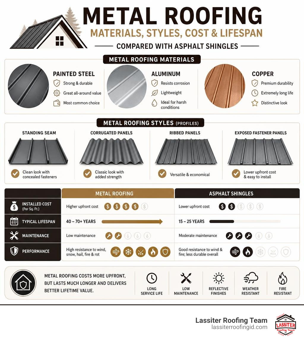 Metal roof materials styles costs and lifespan compared with asphalt shingles infographic