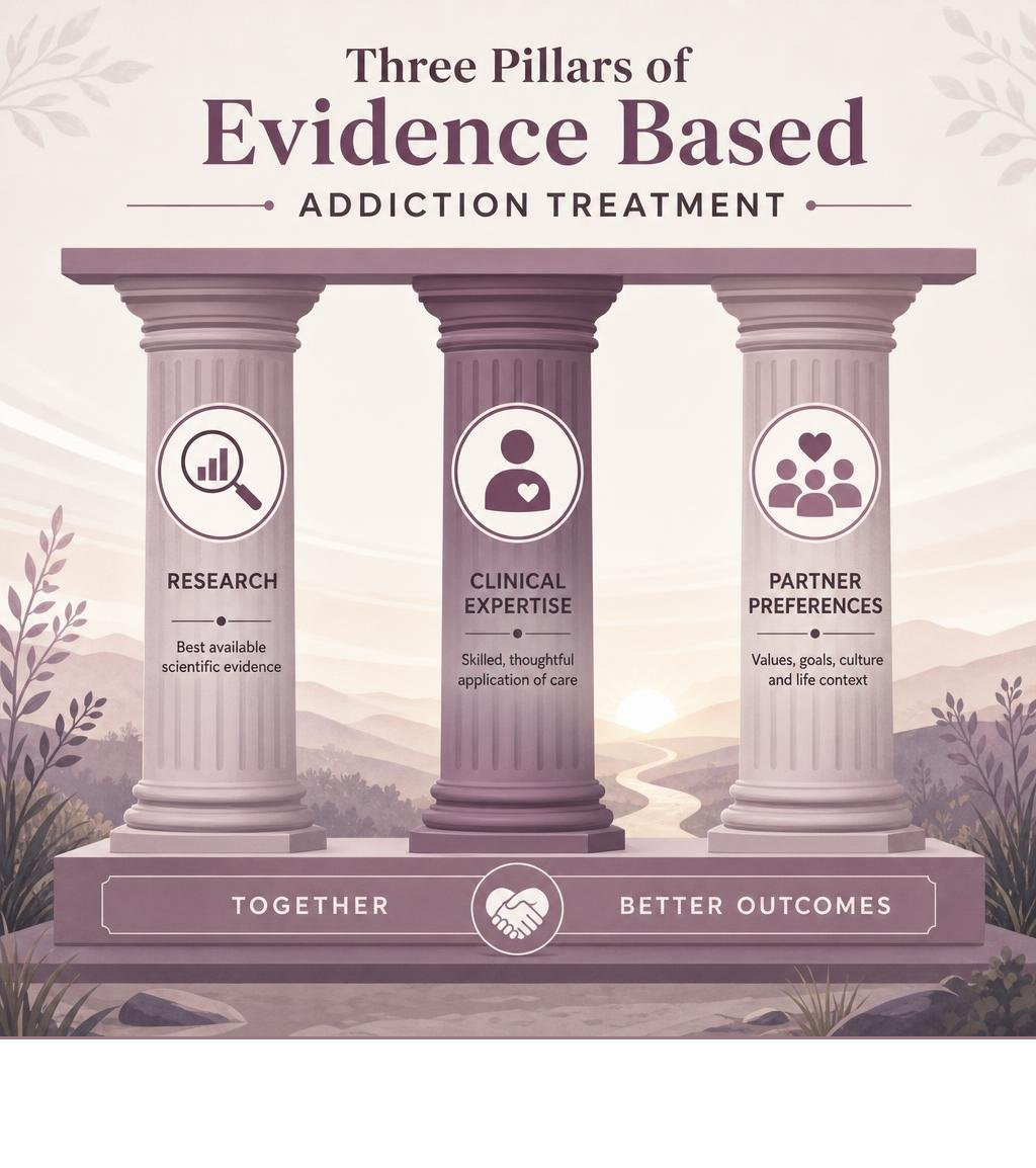 Three pillars of evidence based addiction treatment: research, clinical expertise, partner preferences infographic Three pillars of evidence based addiction treatment: research, clinical expertise, partner preferences infographic