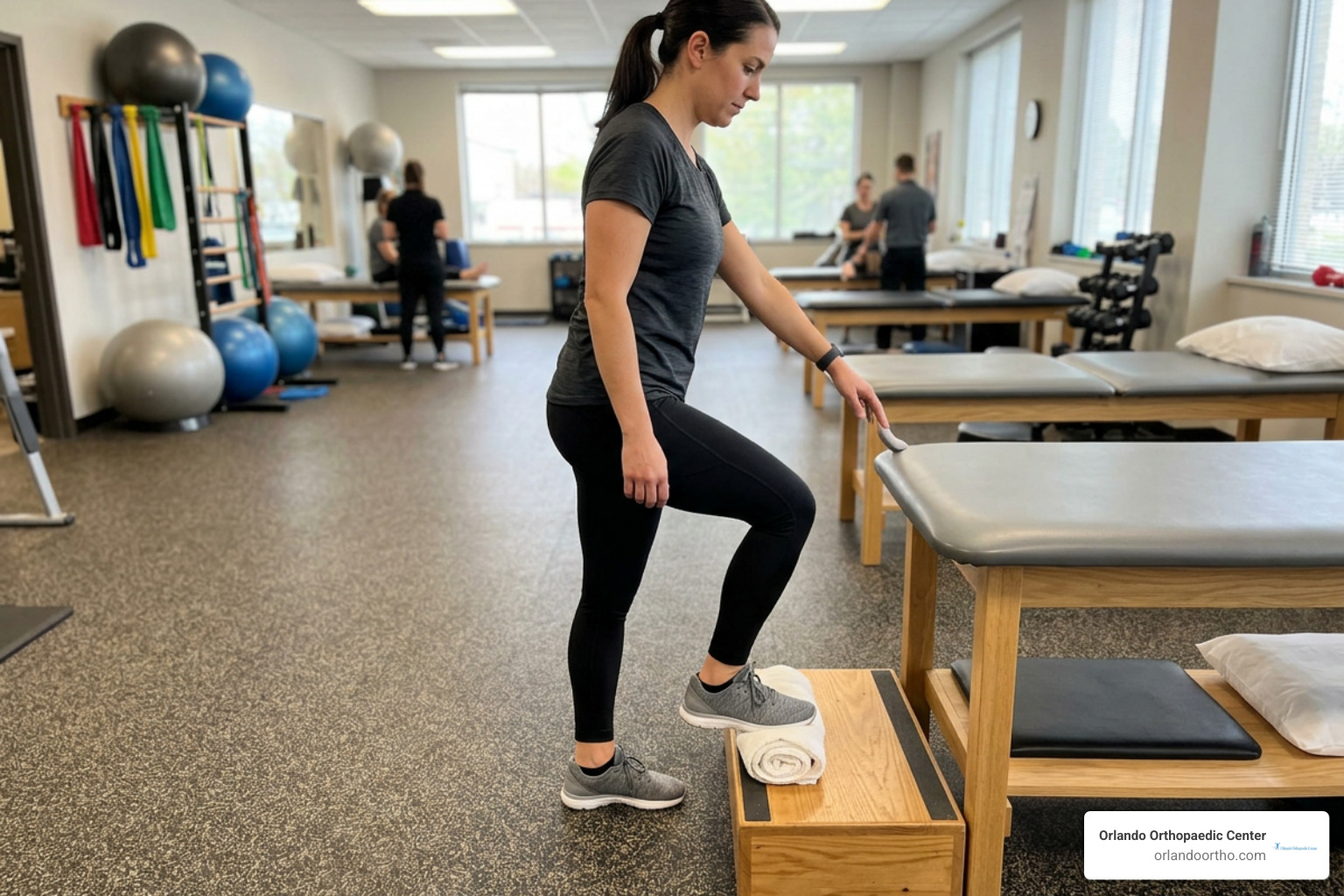 Single-leg heel raise on a step with a rolled towel under the toes Single-leg heel raise on a step with a rolled towel under the toes