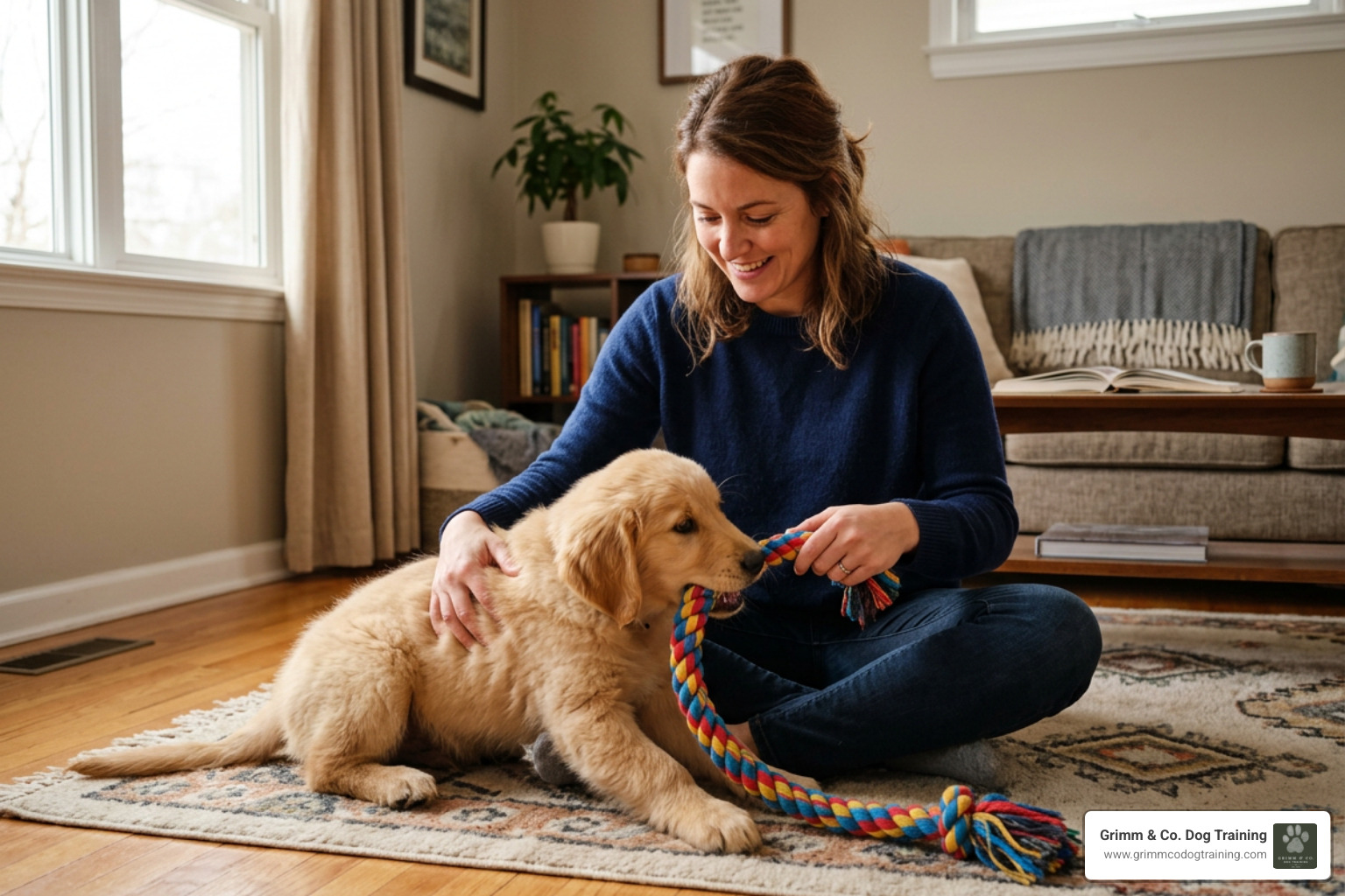 Owner calmly redirecting puppy biting toward a long braided rope toy Owner calmly redirecting puppy biting toward a long braided rope toy