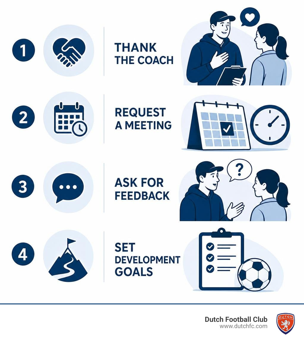 Infographic showing thank coach, request meeting, ask for feedback, set development goals infographic Infographic showing thank coach, request meeting, ask for feedback, set development goals infographic
