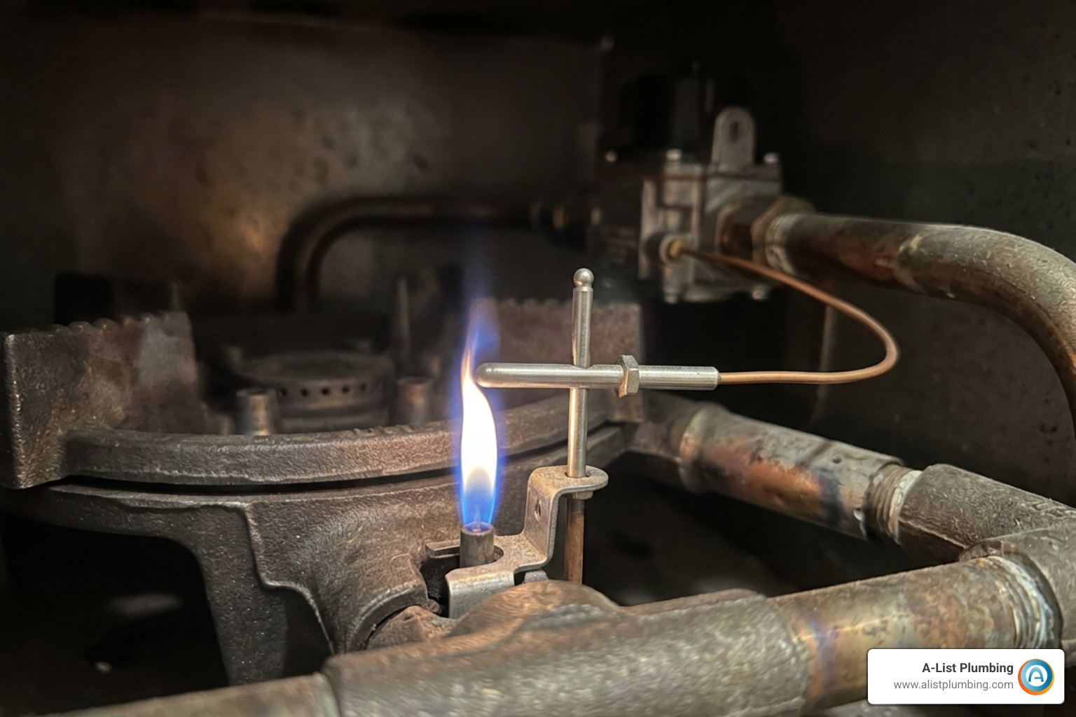 Water heater thermocouple probe positioning inside burner chamber