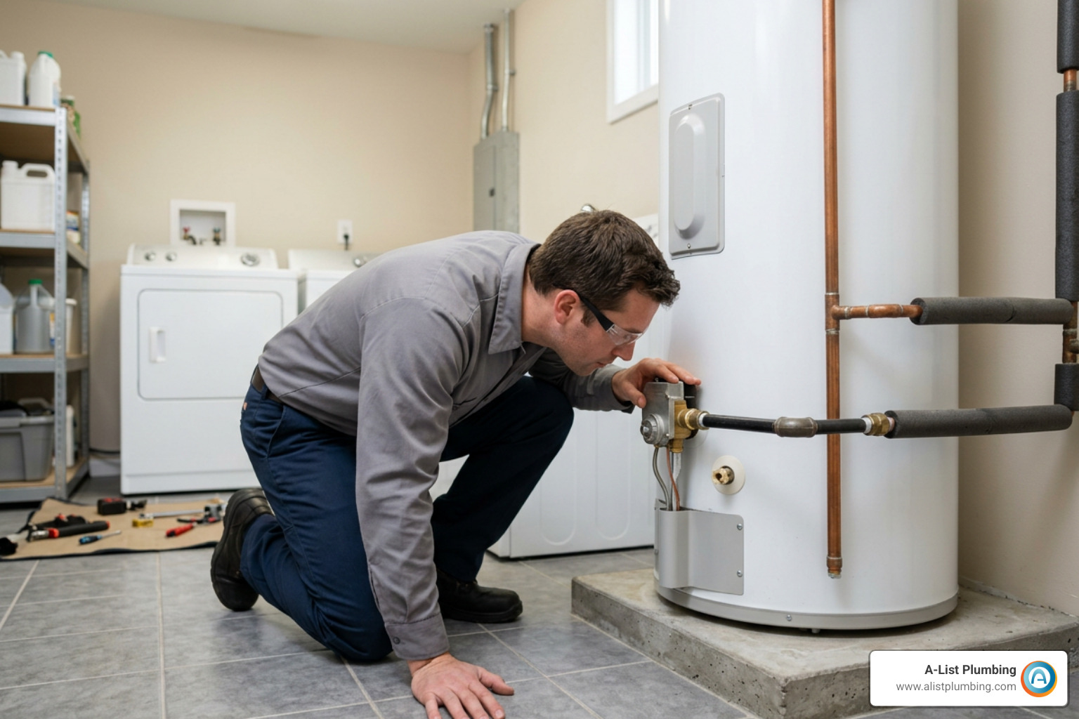 Sniffing for gas odor near water heater base