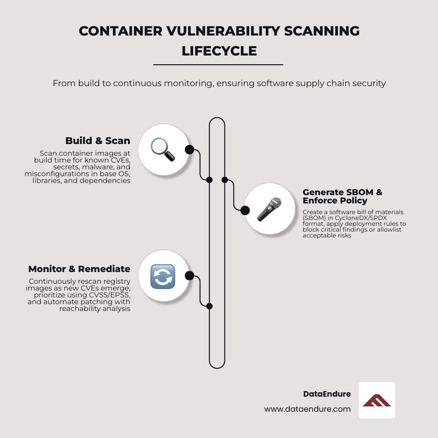 Container scanning lifecycle: build, scan, generate SBOM, enforce policy, monitor, remediate infographic Container scanning lifecycle: build, scan, generate SBOM, enforce policy, monitor, remediate infographic