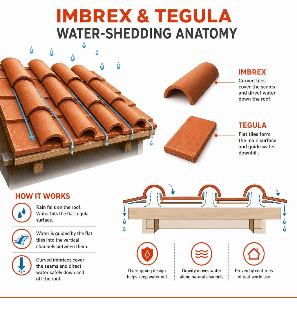 Imbrex and tegula water-shedding anatomy infographic