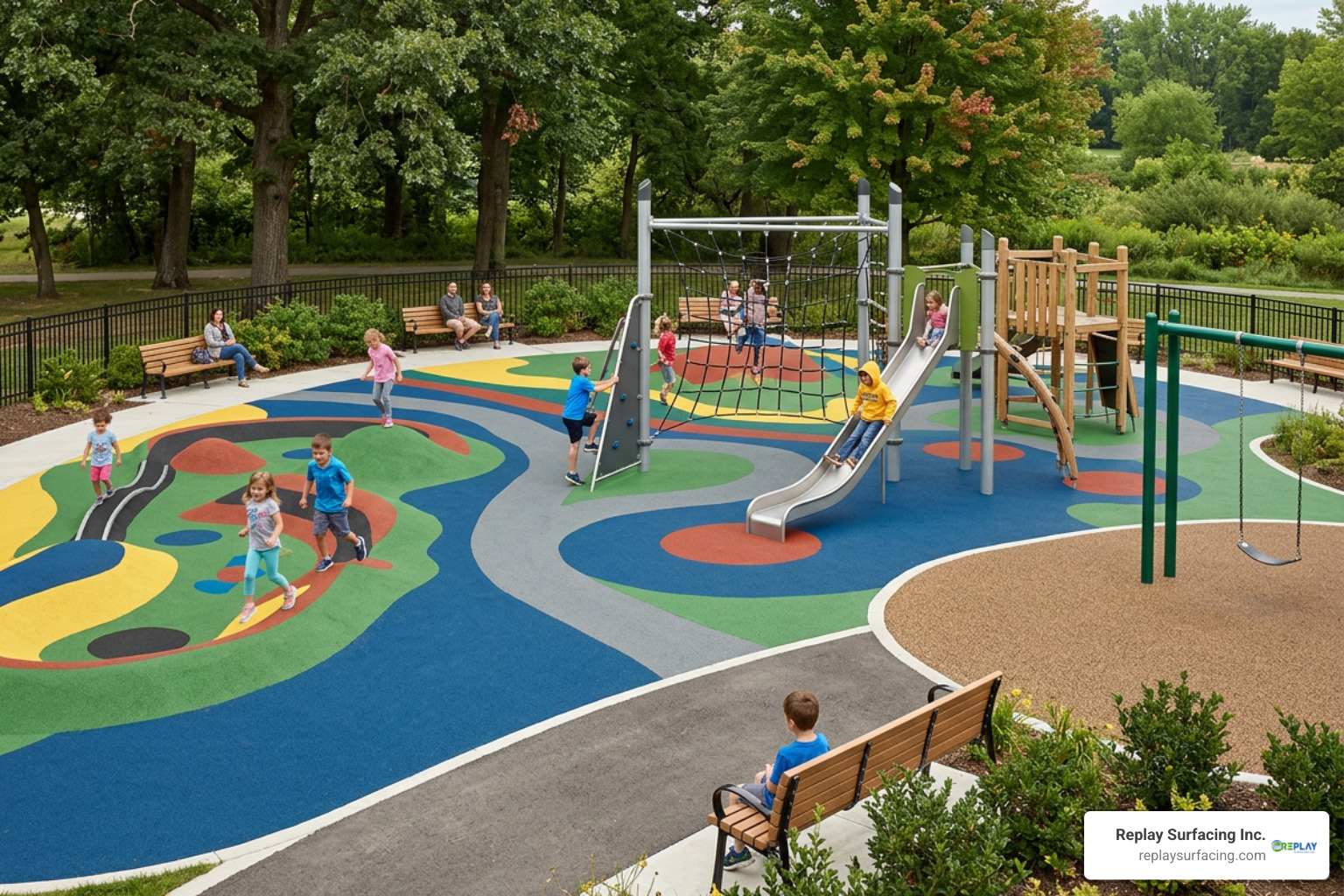 Modern playground featuring seamless poured rubber and bonded rubber play surfacing Modern playground featuring seamless poured rubber and bonded rubber play surfacing