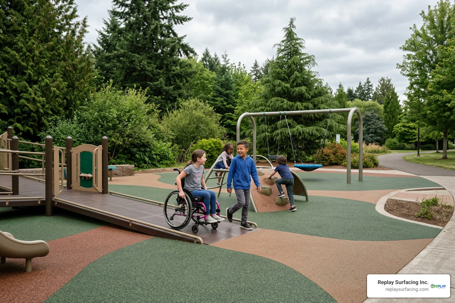 Wheelchair accessible poured rubber playground in Beaverton park Wheelchair accessible poured rubber playground in Beaverton park