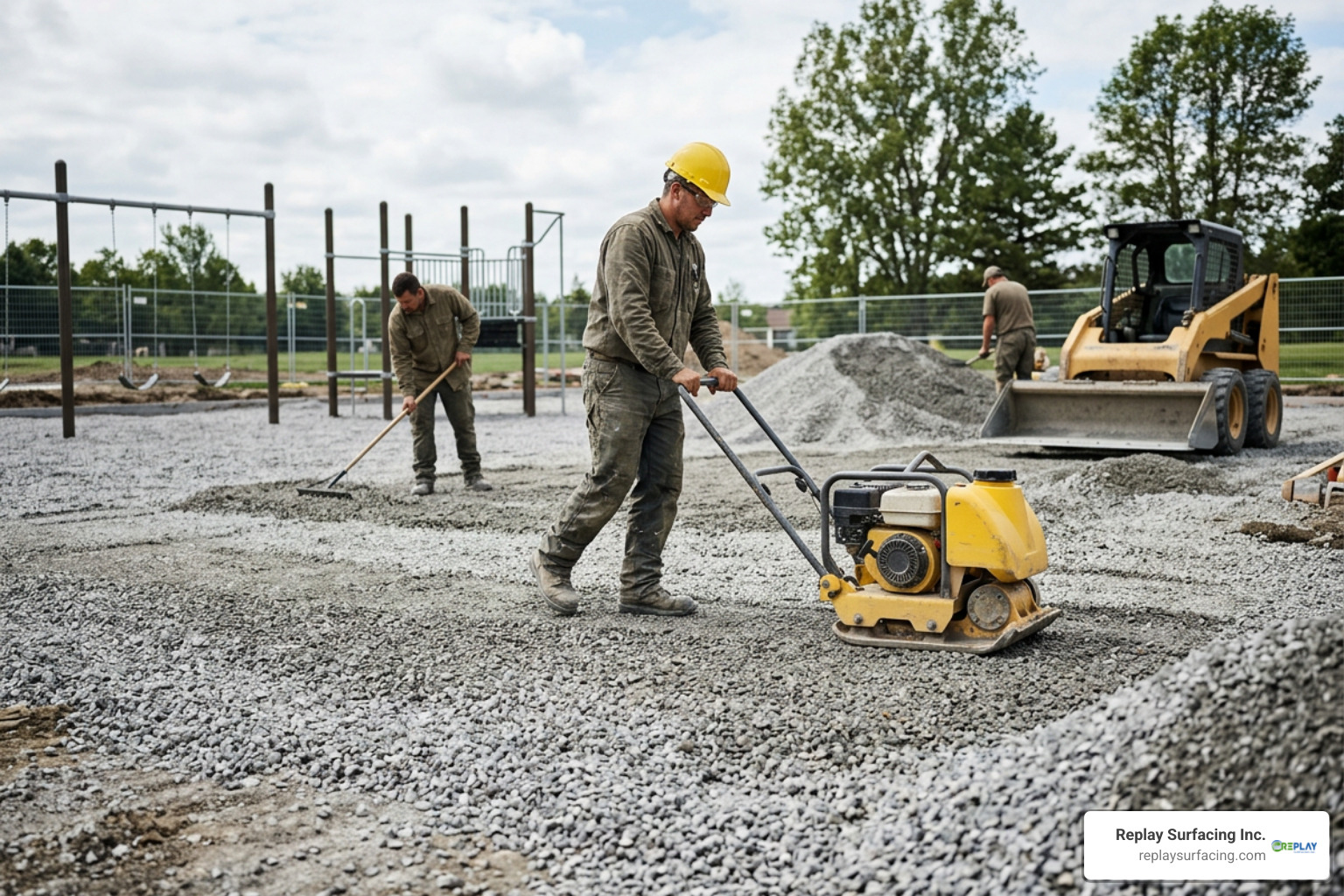 Crushed aggregate stone sub-base preparation for playground rubber surfacing installation Crushed aggregate stone sub-base preparation for playground rubber surfacing installation