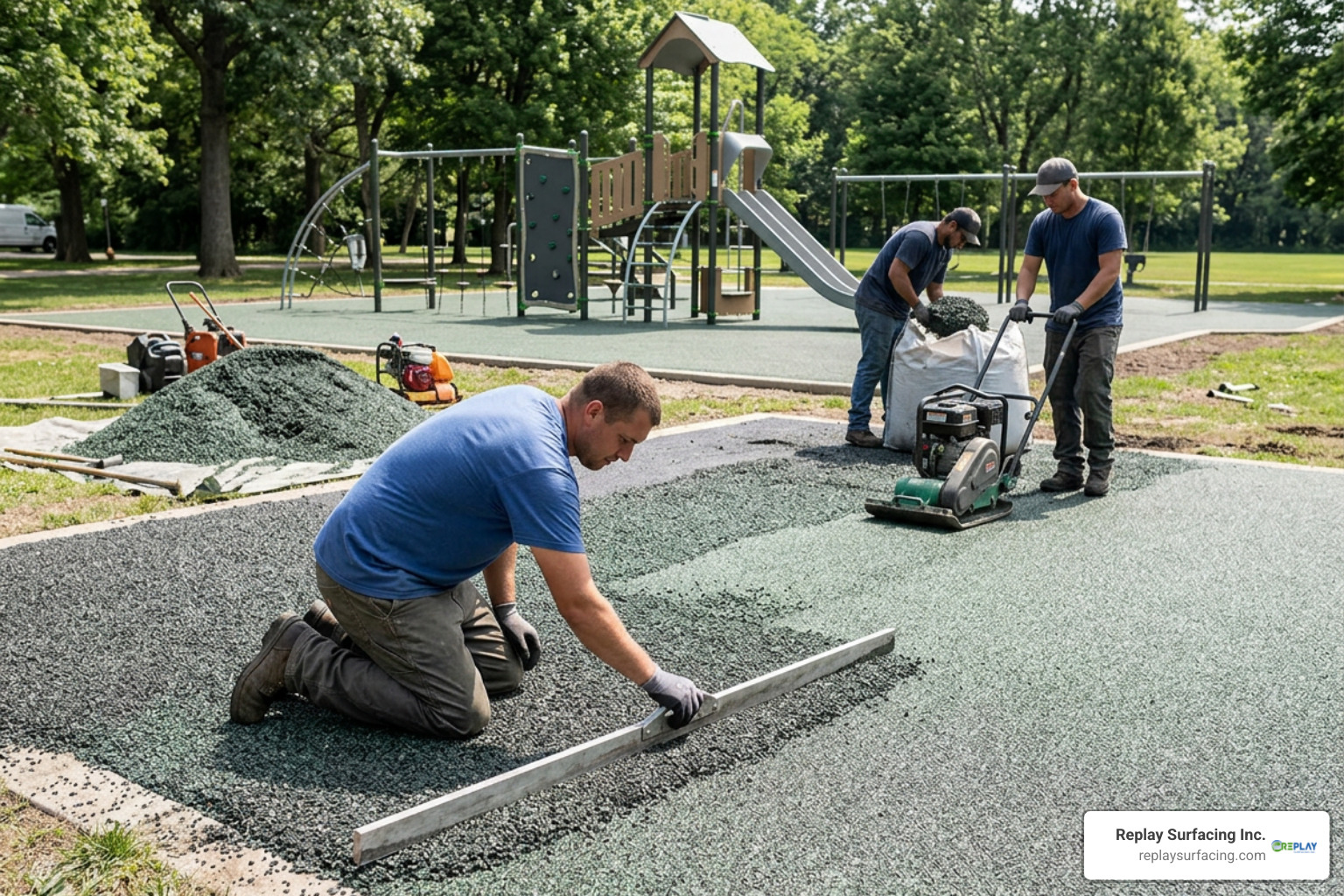 Eco-friendly recycled rubber playground surfacing installation Eco-friendly recycled rubber playground surfacing installation