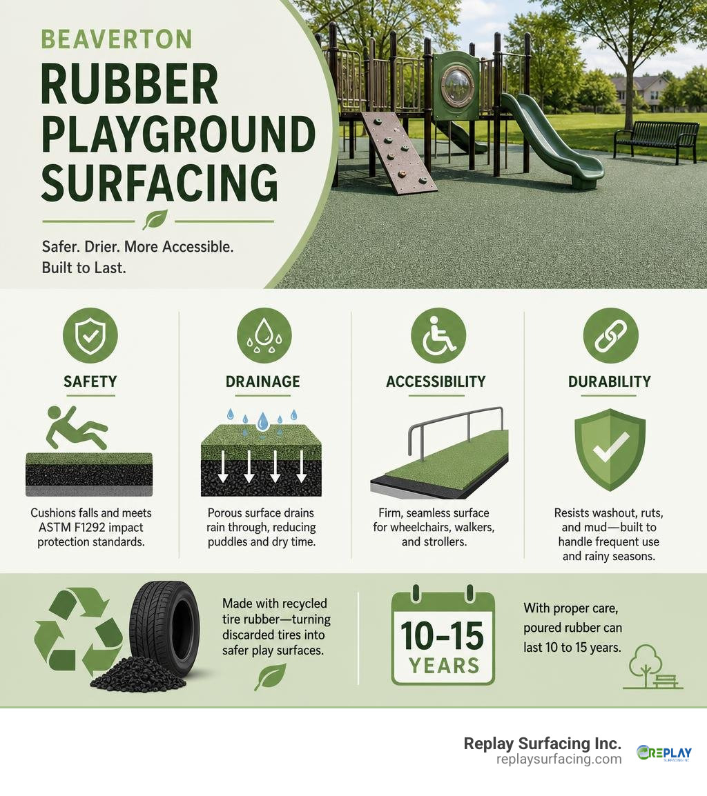 Beaverton rubber playground surfacing safety drainage accessibility and durability benefits infographic Beaverton rubber playground surfacing safety drainage accessibility and durability benefits infographic