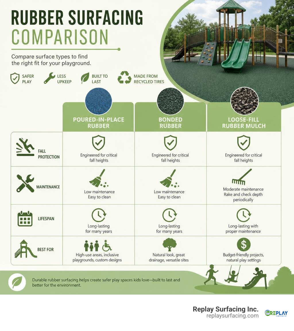 Infographic comparing rubber surfacing types, fall protection, maintenance, and lifespan infographic Infographic comparing rubber surfacing types, fall protection, maintenance, and lifespan infographic