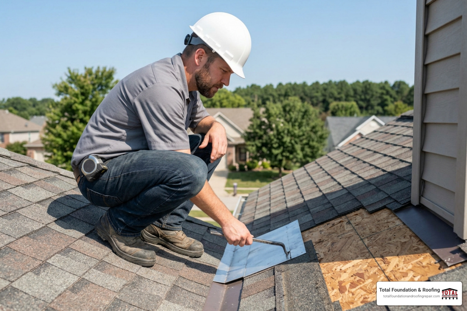 Roofing contractor inspecting roof decking and flashing