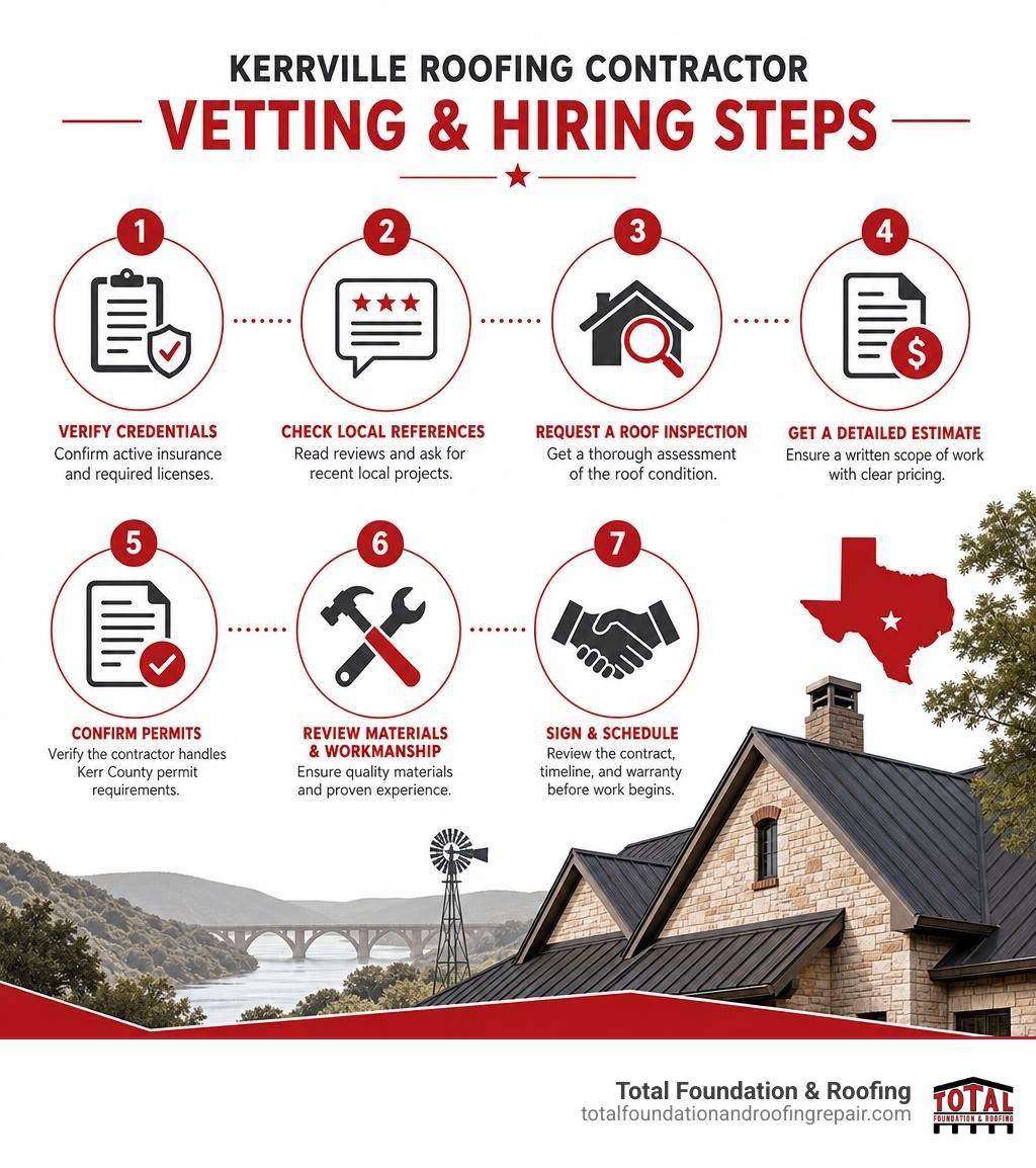 Kerrville roofing contractor vetting and hiring steps infographic