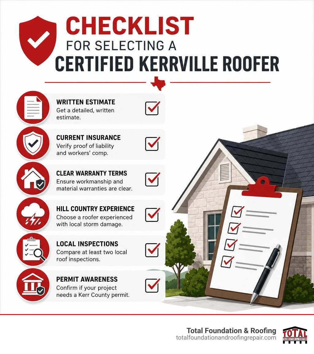 Checklist for selecting a certified Kerrville roofer infographic Checklist for selecting a certified Kerrville roofer infographic