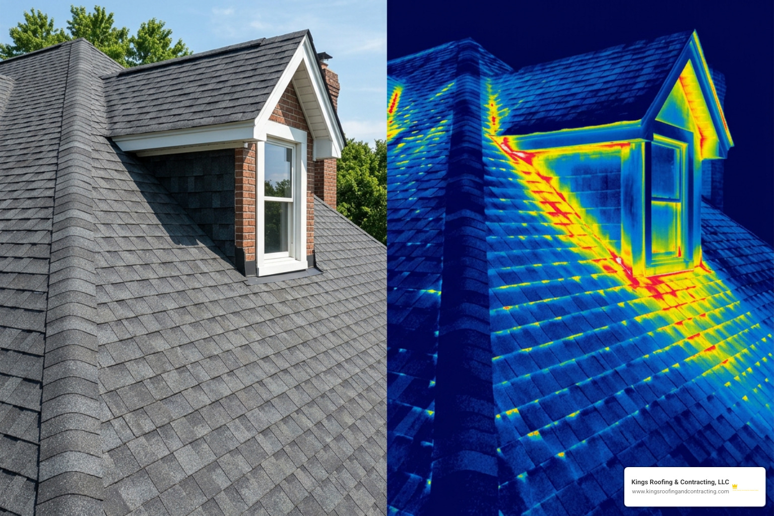 Side-by-side comparison of visible daylight shingle view versus thermal heat-map scan Side-by-side comparison of visible daylight shingle view versus thermal heat-map scan