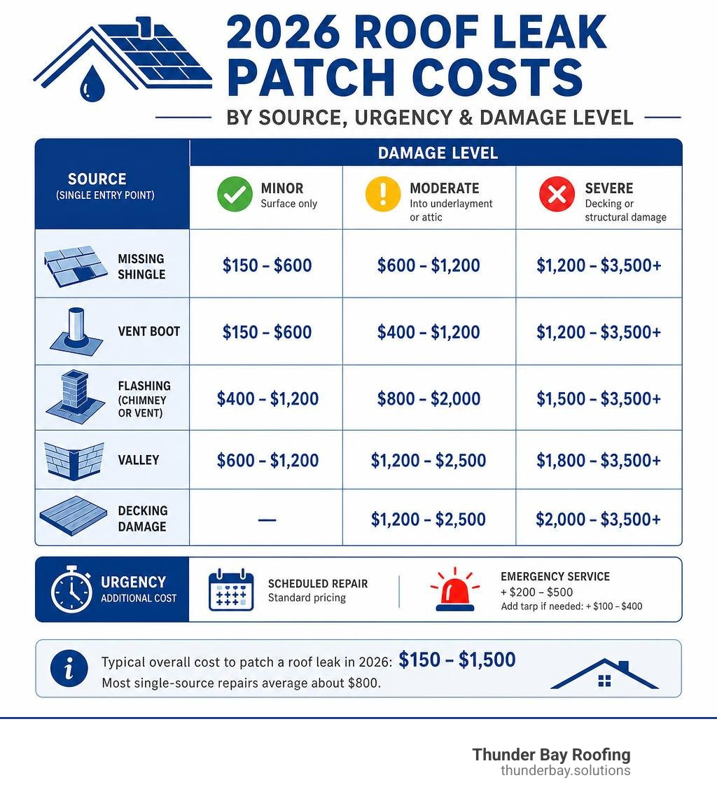 2026 roof leak patch costs by source urgency and damage level infographic 2026 roof leak patch costs by source urgency and damage level infographic