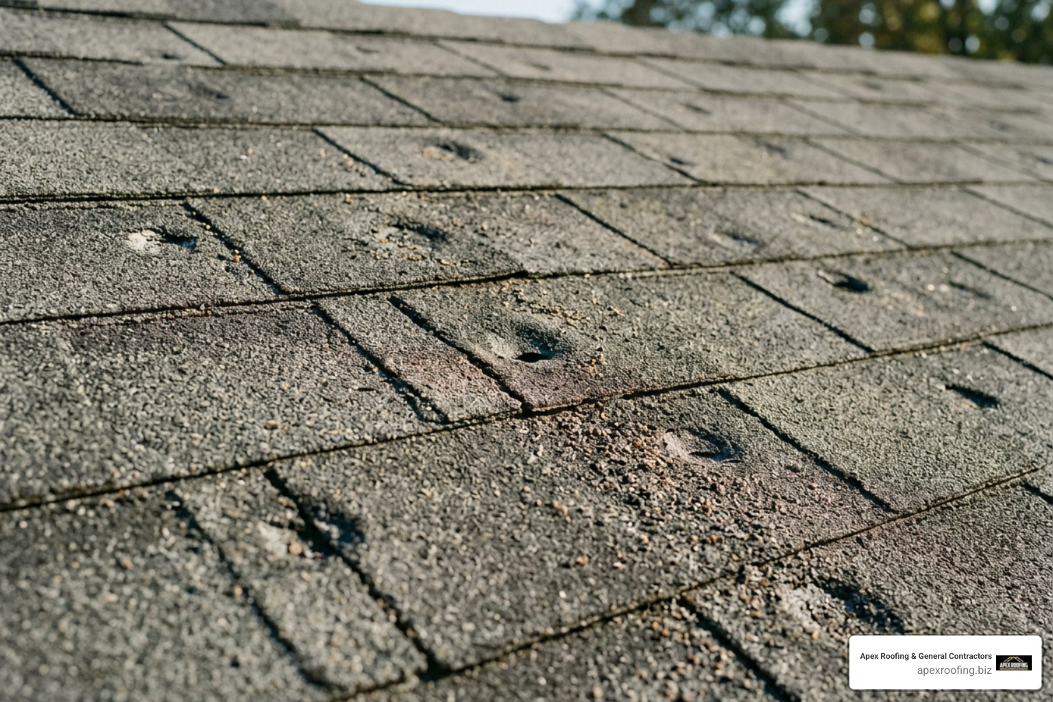 hail impact markings on asphalt shingles