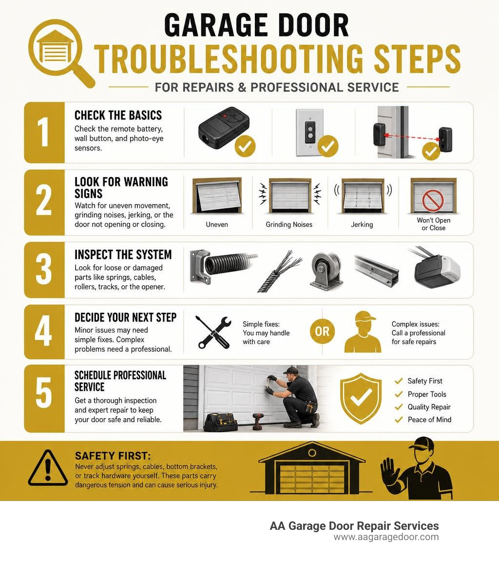 Garage door troubleshooting steps for repairs and professional service infographic Garage door troubleshooting steps for repairs and professional service infographic