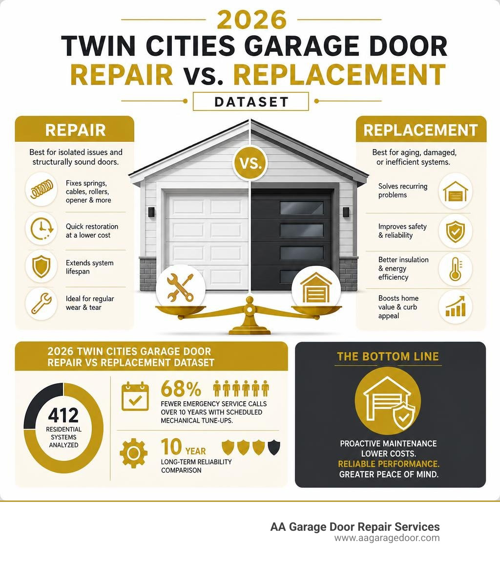 2026 Twin Cities Garage Door Repair vs Replacement Dataset infographic 2026 Twin Cities Garage Door Repair vs Replacement Dataset infographic