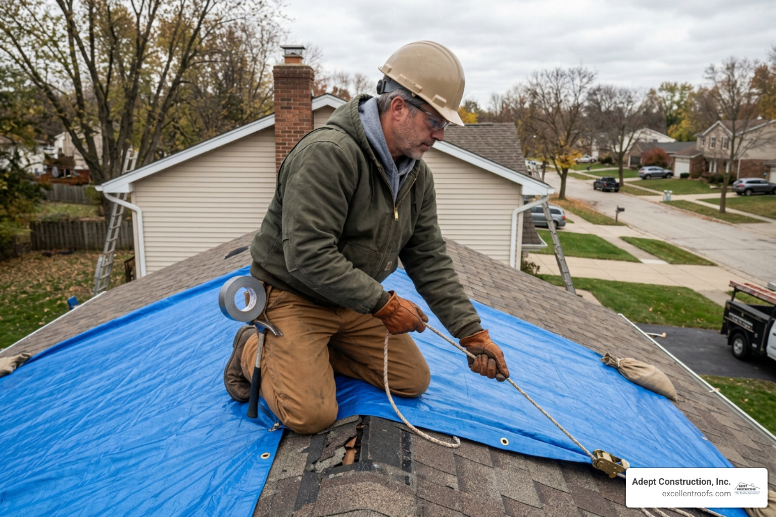 contractor securing damaged roof with waterproof blue tarp contractor securing damaged roof with waterproof blue tarp