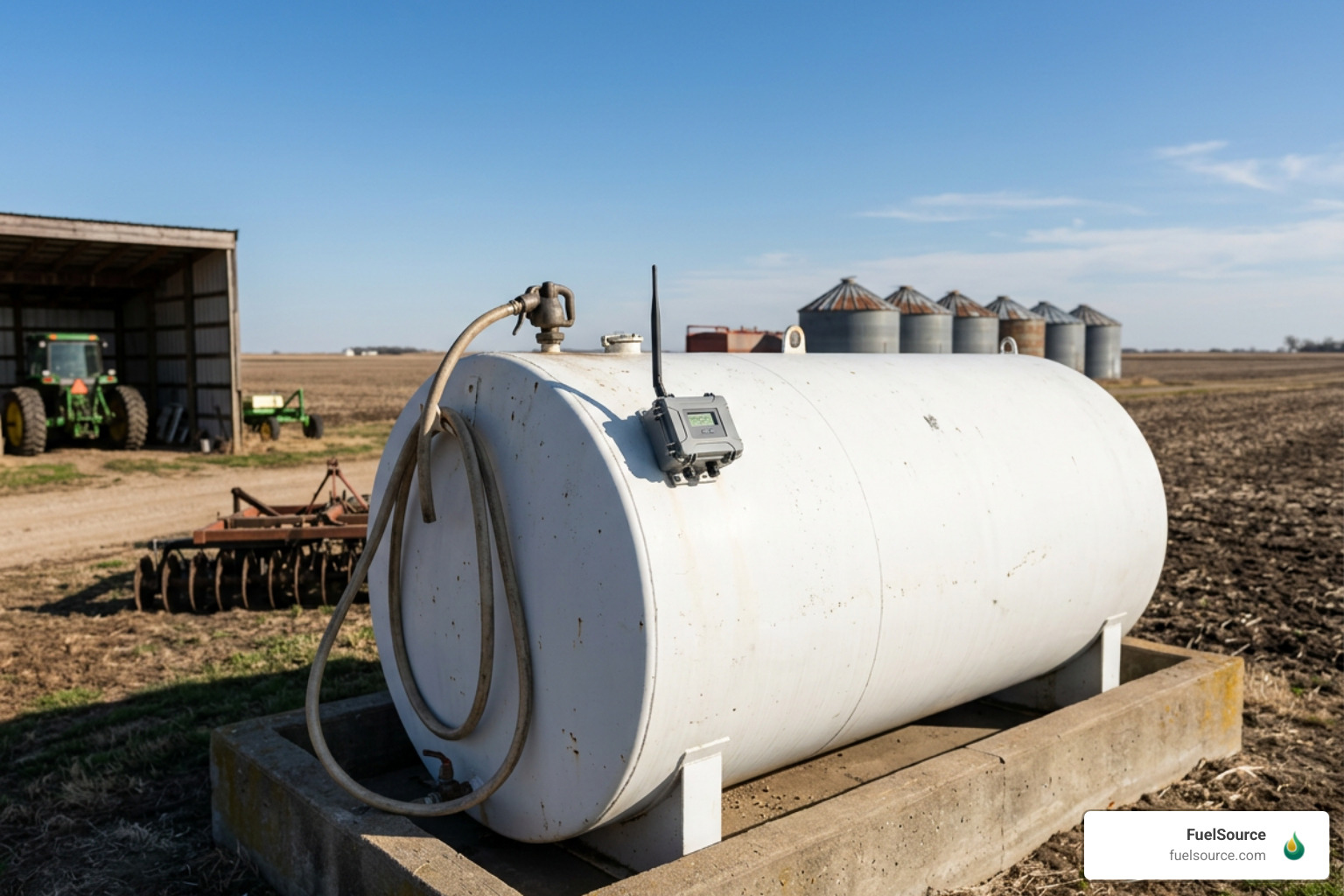 wireless tank telemetry monitor on a bulk farm fuel tank