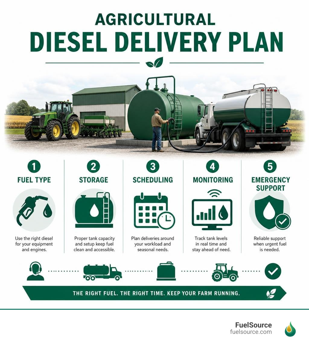 Agricultural diesel delivery plan: fuel type, storage, scheduling, monitoring, and emergency support infographic