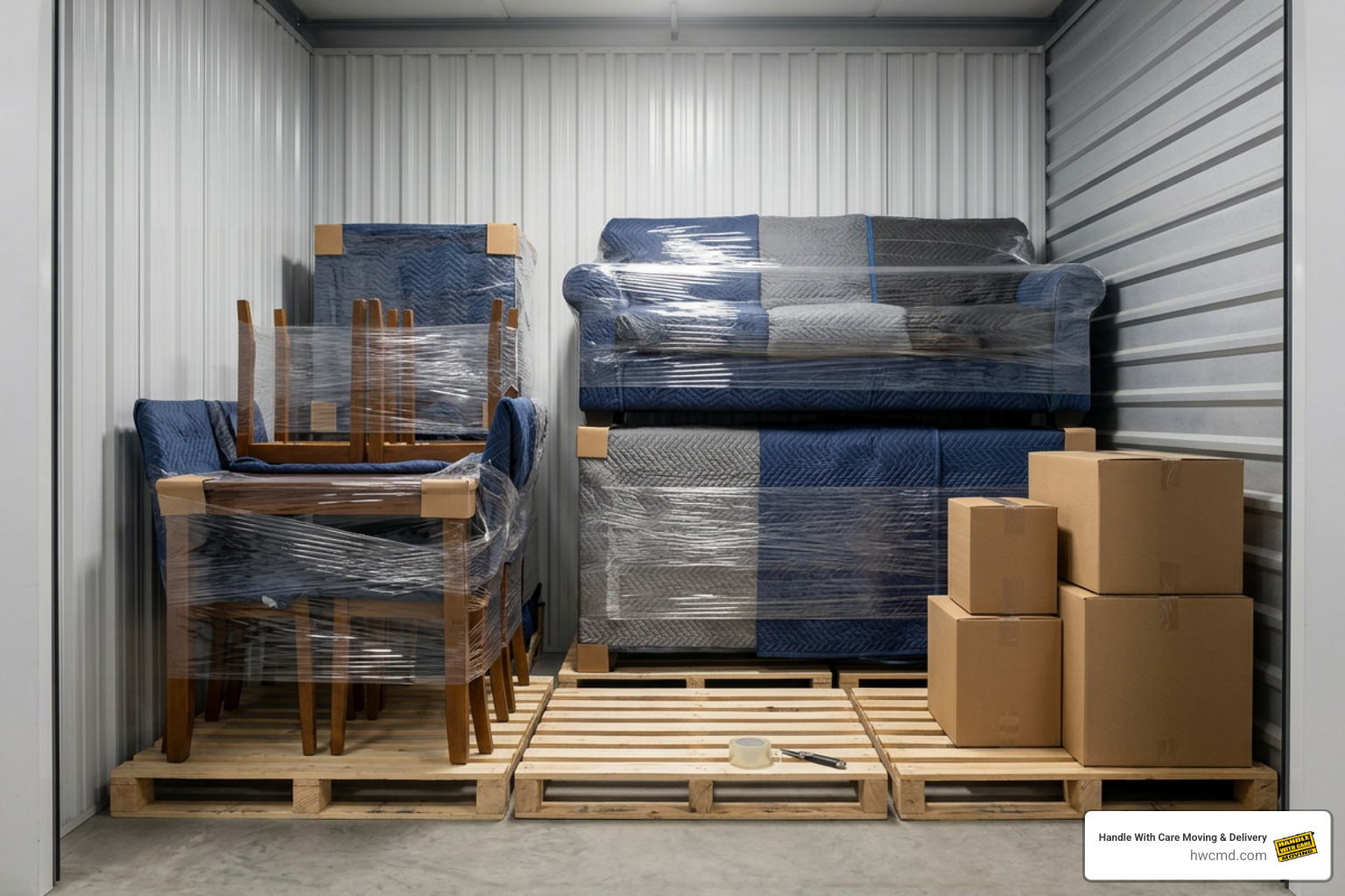 Properly elevated furniture arranged with airflow gaps in a clean storage unit Properly elevated furniture arranged with airflow gaps in a clean storage unit