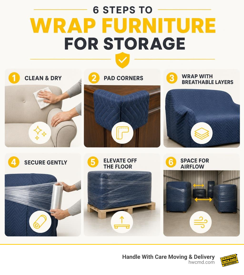 Infographic showing clean dry pad wrap secure elevate and space furniture for storage infographic Infographic showing clean dry pad wrap secure elevate and space furniture for storage infographic
