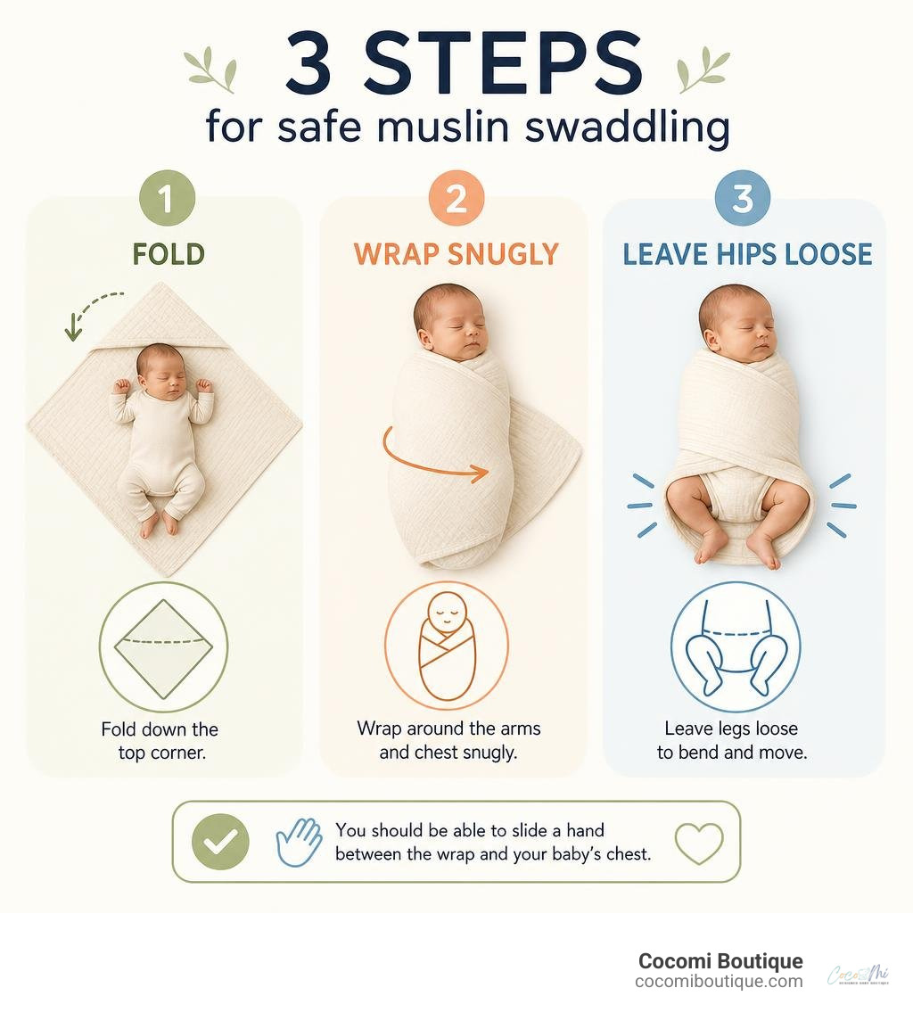 Three steps for safe muslin swaddling: fold, wrap snugly, leave hips loose infographic Three steps for safe muslin swaddling: fold, wrap snugly, leave hips loose infographic